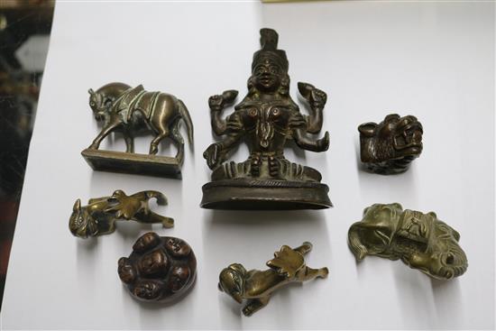 A Chinese bronze horse scroll weight and other bronze and figures